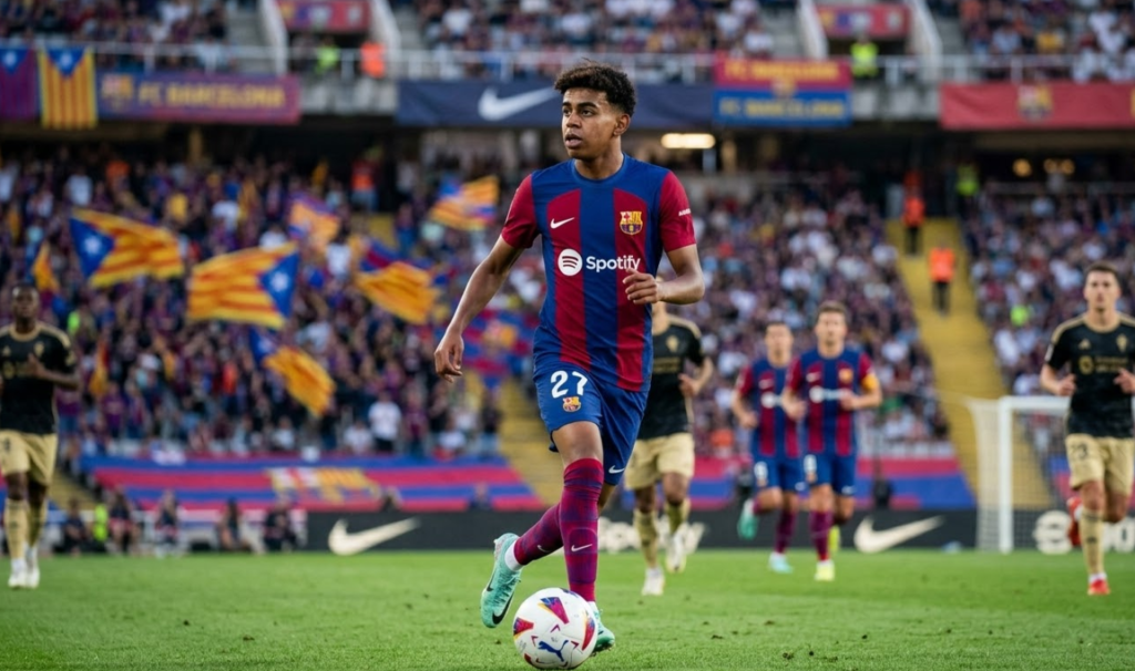 Lamine Yamal, salah satu bintang muda sepak bola 2026, sedang menggiring bola.