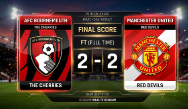 Hasil pertandingan tadi malam Bournemouth vs Manchester United skor 2-2